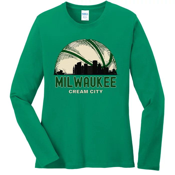 Milwaukee Wisconsin Cream City Skyline Retro Basketball Ladies Long Sleeve Shirt