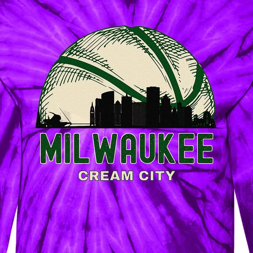 Milwaukee Wisconsin Cream City Skyline Retro Basketball Tie-Dye Long Sleeve Shirt