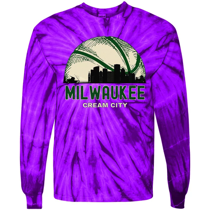 Milwaukee Wisconsin Cream City Skyline Retro Basketball Tie-Dye Long Sleeve Shirt