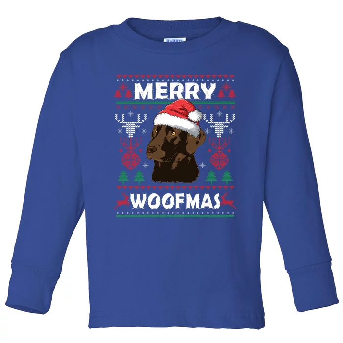 Merry Woofmas Chocolate Lab Santa Claus Dog Christmas Gift Toddler Long Sleeve Shirt