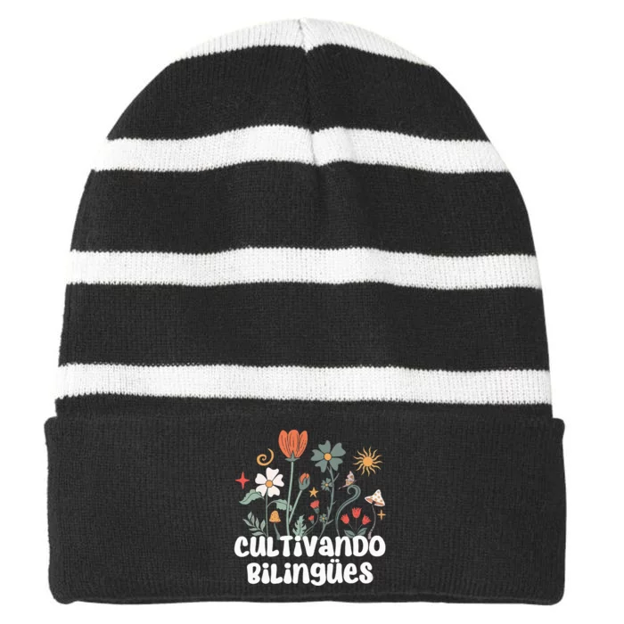 Maestra Wild Flowers Cultivando Bilingues Spanish Teacher Striped Beanie with Solid Band