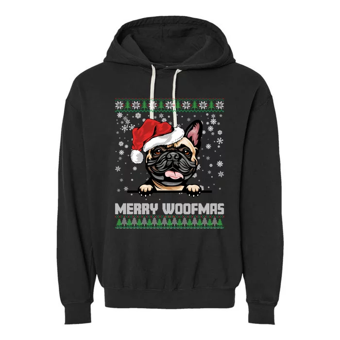 Merry Woofmas French Bulldog Christmas Dog Lovers Xmas Gift Garment-Dyed Fleece Hoodie