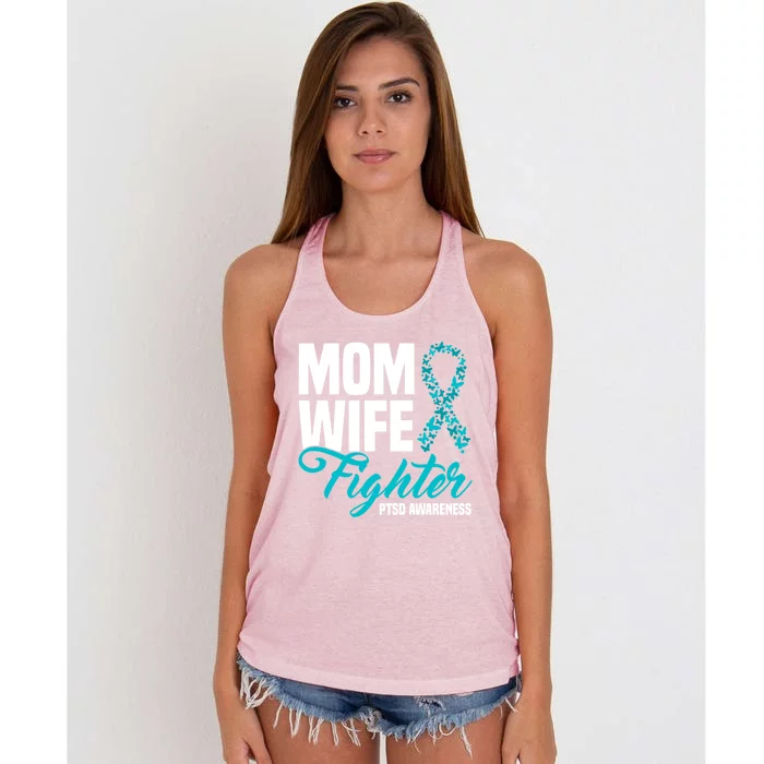 Mom Wife Fighter Teal Ribbon Ptsd Awareness Cool Gift Women's Knotted Racerback Tank