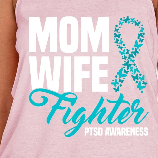 Mom Wife Fighter Teal Ribbon Ptsd Awareness Cool Gift Women's Knotted Racerback Tank