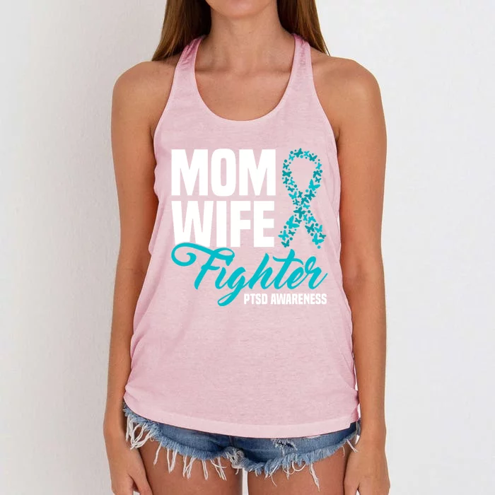 Mom Wife Fighter Teal Ribbon Ptsd Awareness Cool Gift Women's Knotted Racerback Tank