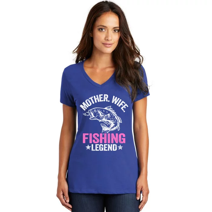 Mother Wife Fishing Legend Fisher Grandma Mom Fishing Gift Women's V-Neck T-Shirt