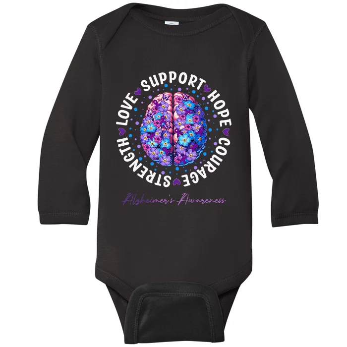 Motivational Words Floral Brain Ribbon AlzheimerS Awareness Baby Long Sleeve Bodysuit