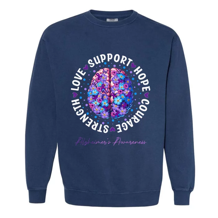 Motivational Words Floral Brain Ribbon AlzheimerS Awareness Garment-Dyed Sweatshirt