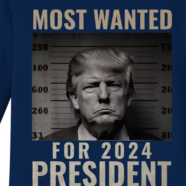 Most Wanted Funny Trump 2024 Mugshot For President Baby Long Sleeve Bodysuit