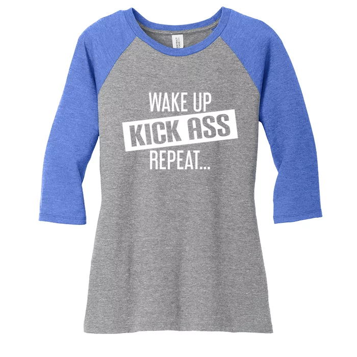 Motivational Workout Gift Wake Up Kick Ass Repeat Cool Gift Women's Tri-Blend 3/4-Sleeve Raglan Shirt