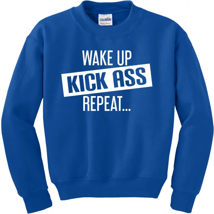 Motivational Workout Gift Wake Up Kick Ass Repeat Cool Gift Kids Sweatshirt