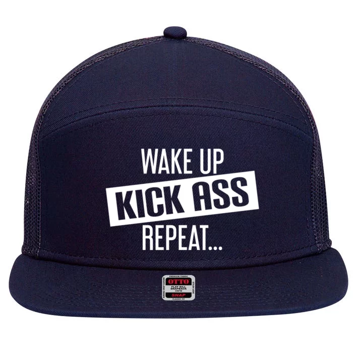 Motivational Workout Gift Wake Up Kick Ass Repeat Cool Gift 7 Panel Mesh Trucker Snapback Hat