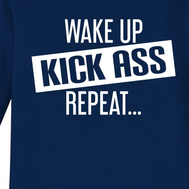 Motivational Workout Gift Wake Up Kick Ass Repeat Cool Gift Baby Long Sleeve Bodysuit