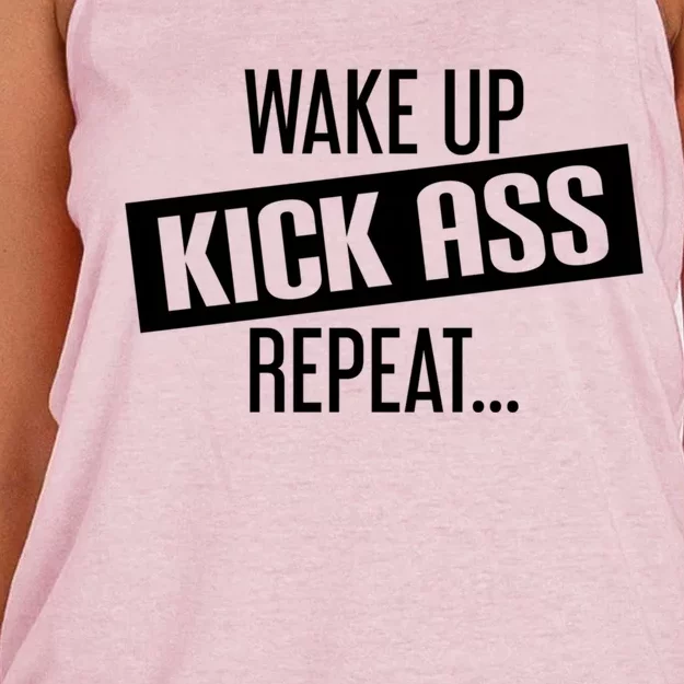 Motivational Workout Gift Wake Up Kick Ass Repeat Cool Gift Women's Knotted Racerback Tank