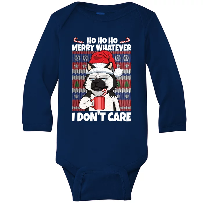 Merry Whatever I DonT Care Annoyed Dog Anti Christmas Husky Gift Baby Long Sleeve Bodysuit