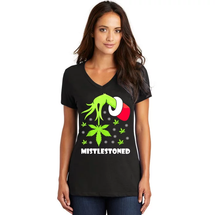 Mistlestoned Weed Leaf Cannabis Marijuana Ugly Christmas Women's V-Neck T-Shirt