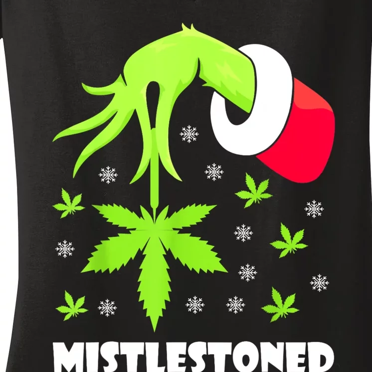 Mistlestoned Weed Leaf Cannabis Marijuana Ugly Christmas Women's V-Neck T-Shirt