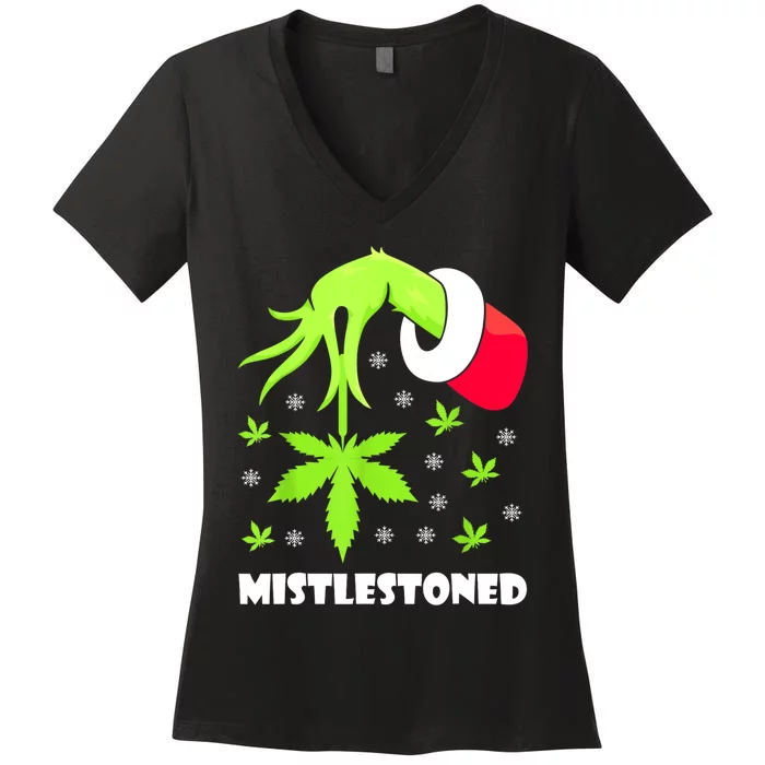 Mistlestoned Weed Leaf Cannabis Marijuana Ugly Christmas Women's V-Neck T-Shirt