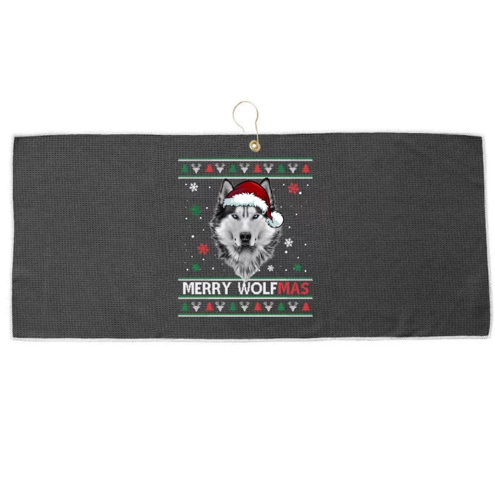 Merry Wolfmas Merry Christmas Wolf Ugly Sweater Funny Xmas Large Microfiber Waffle Golf Towel