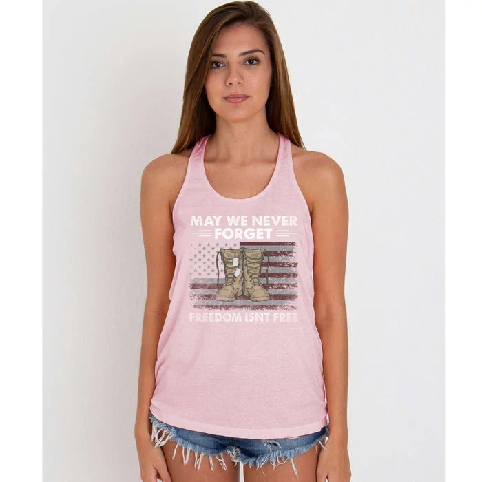 May We Never Forget; Freedom Isnt Free Cute Gift Women's Knotted Racerback Tank