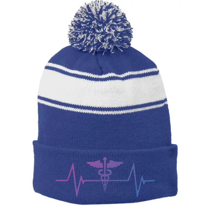 Medical Worker Nurse Heartbeat Gift Stripe Pom Pom Beanie