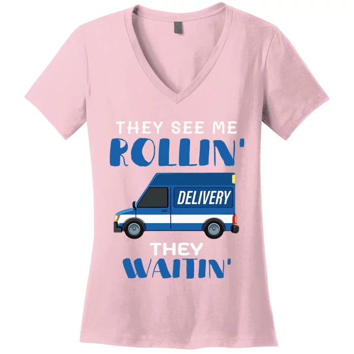 Mail Worker Postman Mailman They See Me Rollin They Waitin Women's V-Neck T-Shirt