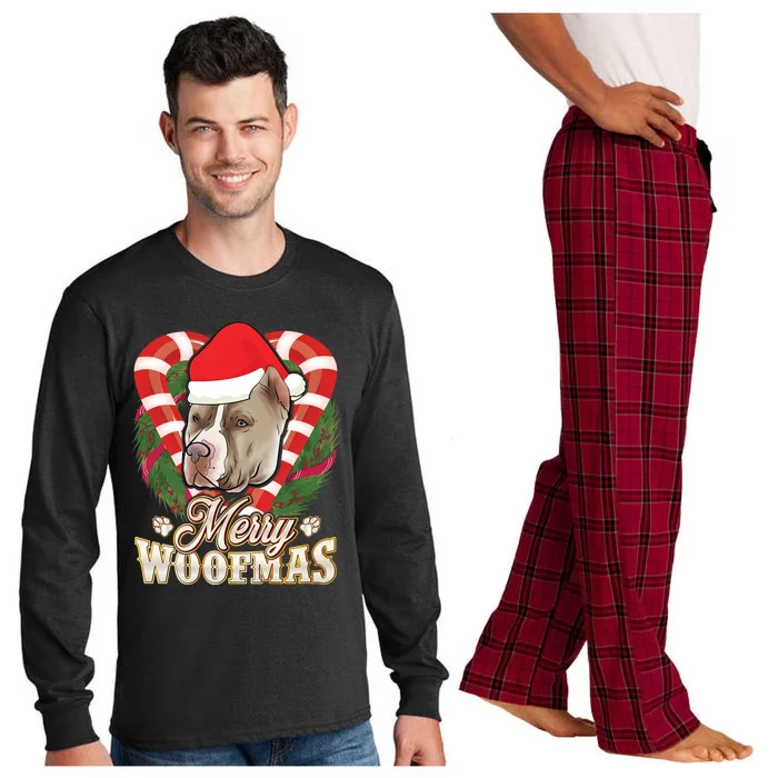 Merry Woofmas Pitbull With Santa Claus Hat Pittie Christmas Gift Long Sleeve Pajama Set