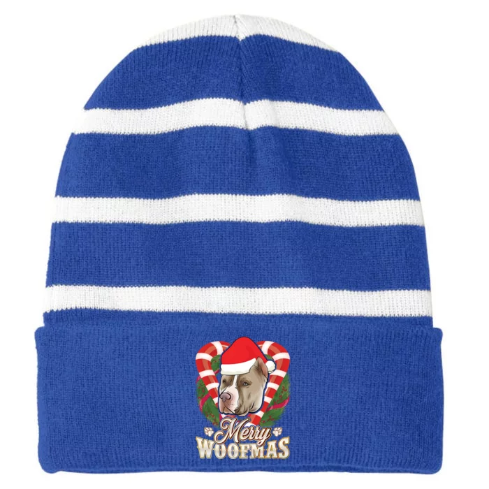 Merry Woofmas Pitbull With Santa Claus Hat Pittie Christmas Gift Striped Beanie with Solid Band