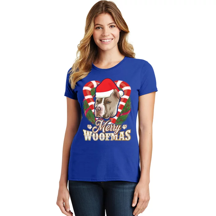 Merry Woofmas Pitbull With Santa Claus Hat Pittie Christmas Gift Women's T-Shirt