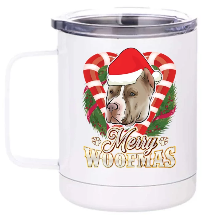 Merry Woofmas Pitbull With Santa Claus Hat Pittie Christmas Gift Front & Back 12oz Stainless Steel Tumbler Cup