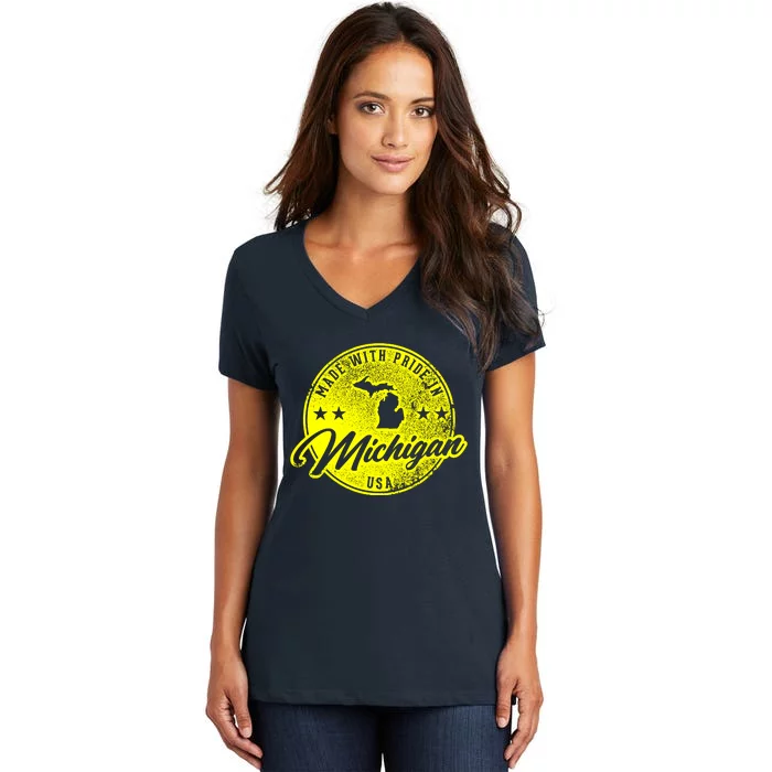 Made With Pride In Michigan USA Retro Women's V-Neck T-Shirt