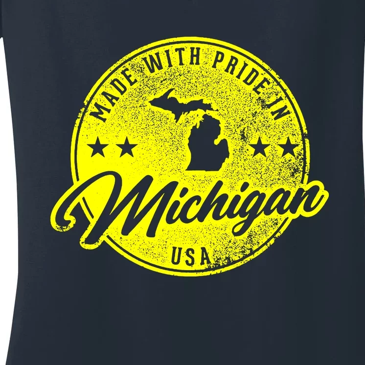 Made With Pride In Michigan USA Retro Women's V-Neck T-Shirt