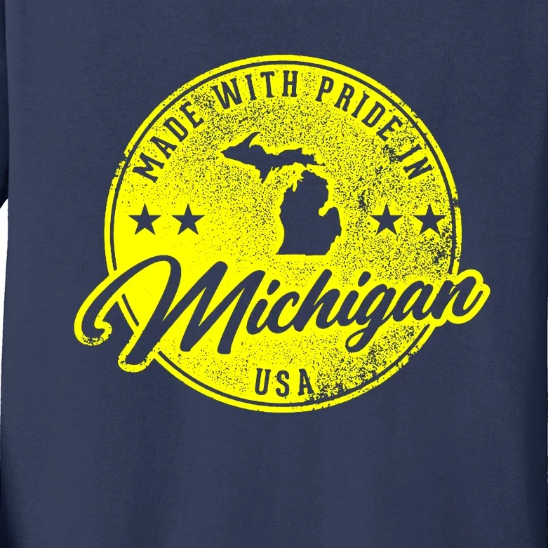 Made With Pride In Michigan USA Retro Kids Long Sleeve Shirt