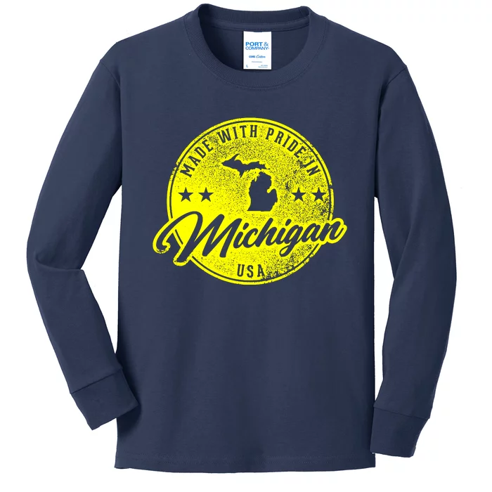 Made With Pride In Michigan USA Retro Kids Long Sleeve Shirt