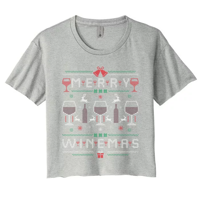 Merry Winemas Red Wine Ugly Christmas Sweater For Wine Lover Gift Women's Crop Top Tee