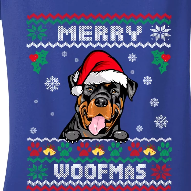 Merry Woofmas Rottweiler Dog Funny Ugly Christmas Sweater Gift Women's V-Neck T-Shirt