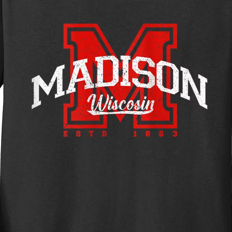 Madison Wisconsin Retro Athletic Sport Kids Long Sleeve Shirt