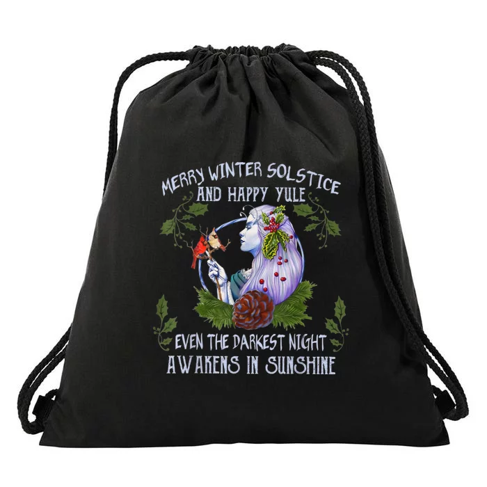 Merry Winter Solstice And Happy Yule Drawstring Bag