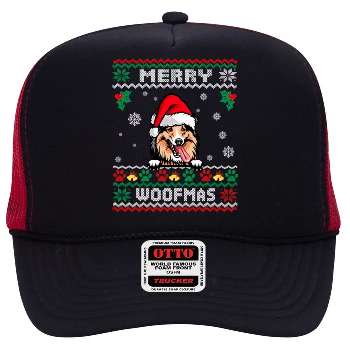 Merry Woofmas Shetland Sheepdog Dog Christmas Ugly Xmas Cute Gift High Crown Mesh Trucker Hat