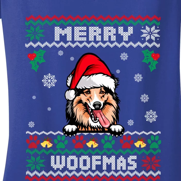 Merry Woofmas Shetland Sheepdog Dog Christmas Ugly Xmas Cute Gift Women's V-Neck T-Shirt