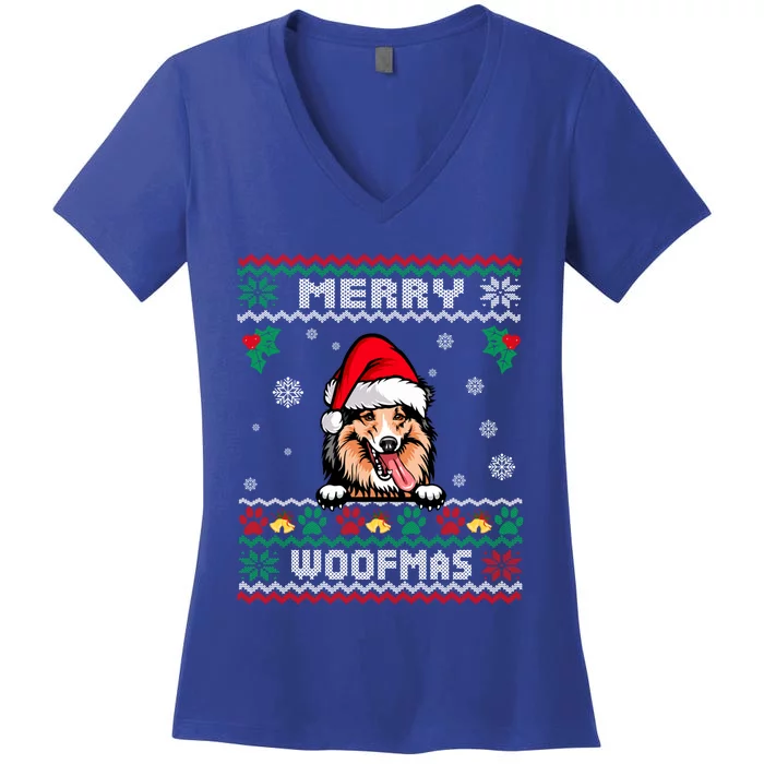 Merry Woofmas Shetland Sheepdog Dog Christmas Ugly Xmas Cute Gift Women's V-Neck T-Shirt