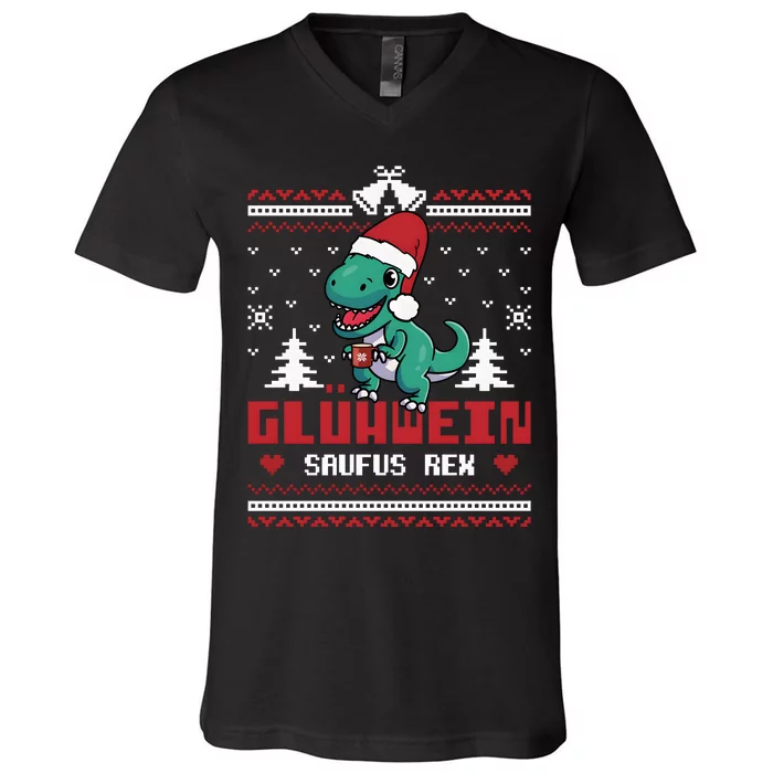 Mulled Wine Saufus Rex Ugly Christmas Dinosaur V-Neck T-Shirt