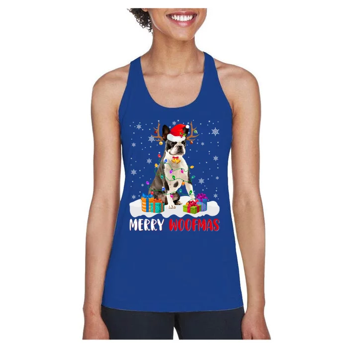 Merry Woofmas Santa Boston Terrier Dog Xmas Dog Reindeer Great Gift Women's Racerback Tank