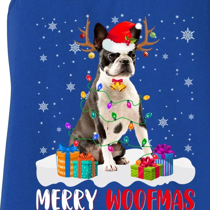 Merry Woofmas Santa Boston Terrier Dog Xmas Dog Reindeer Great Gift Women's Racerback Tank