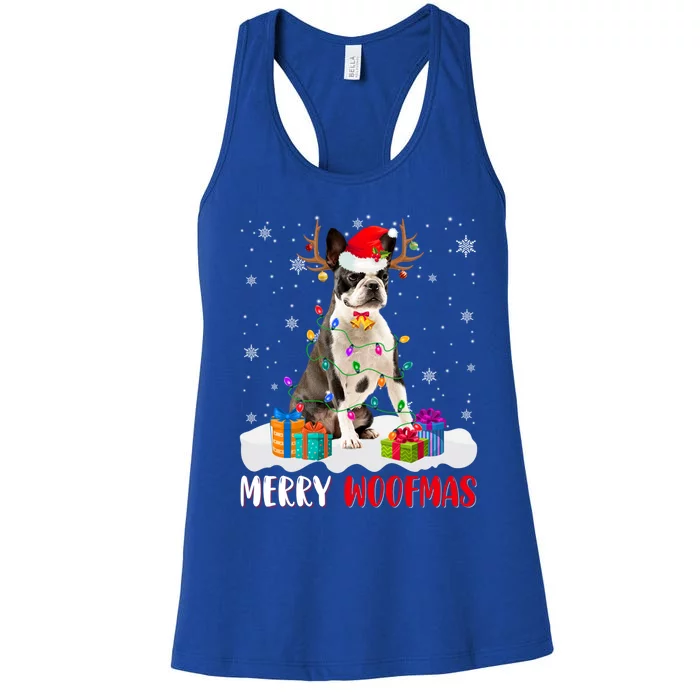 Merry Woofmas Santa Boston Terrier Dog Xmas Dog Reindeer Great Gift Women's Racerback Tank