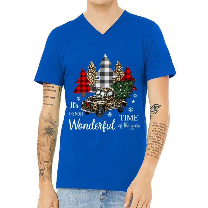 Most Wonderful Time The Year Leopard Print Christmas Truck Gift V-Neck T-Shirt