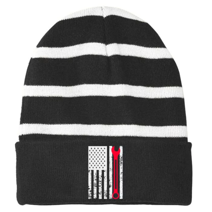 Mechanic Workshop Tools USA Flag Repairman Gift Striped Beanie with Solid Band