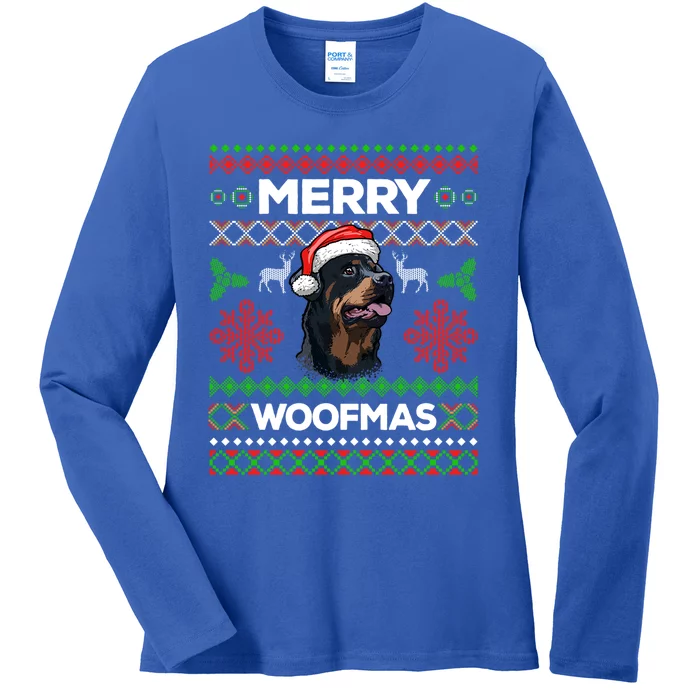 Merry Woofmas Ugly Sweater Christmas Rottweiler Lover Gift Ladies Long Sleeve Shirt