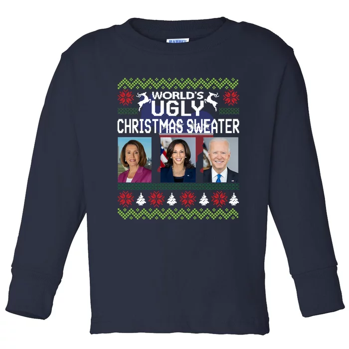 Meme World's Ugly Pelosi Kamala Joe Biden Christmas Sweater Funny Anti Biden Toddler Long Sleeve Shirt