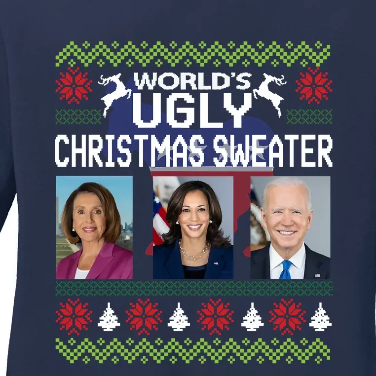 Meme World's Ugly Pelosi Kamala Joe Biden Christmas Sweater Funny Anti Biden Ladies Long Sleeve Shirt